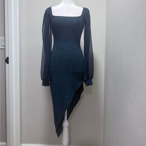 Windsor Navy Asymmetrical Dress with Sheer Sleeves